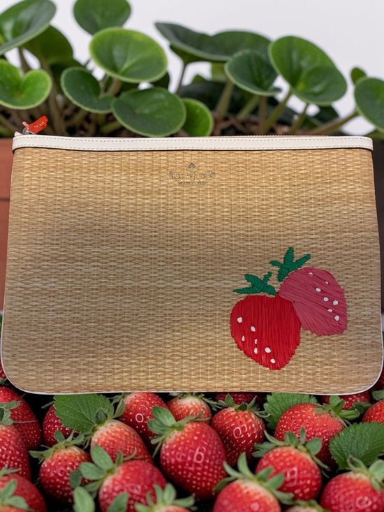 kate spade Handbags - Kate Spade HAND MADE Straw Woven Pouch with Strawberry Embroidery.